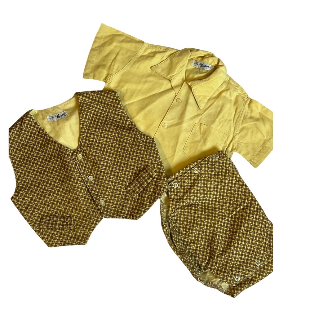 Vintage Retro Boy 3pc Tailored Set Yellow Brown Vest Shirt Bloomer Cover 12 mth
